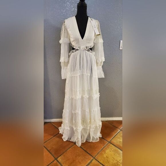 PatBo White Cutout Lace-Trim Linen V-Neck Maxi Dress – Women’s Designer Dress - Picture 2 of 16